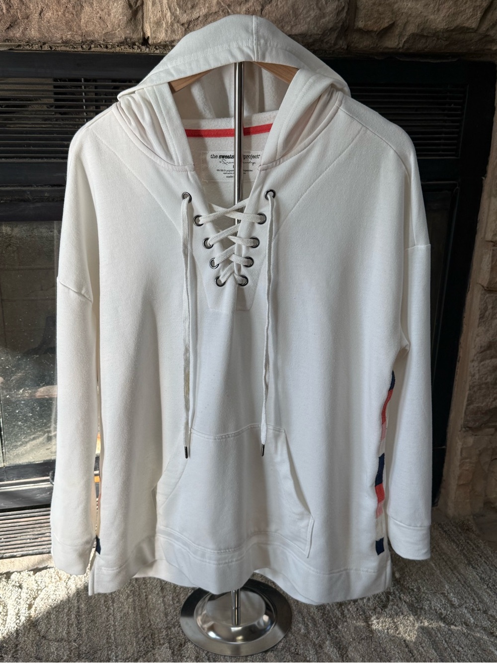 Lace-Up Hooded Pullover Sweatshirt - Creamy white
